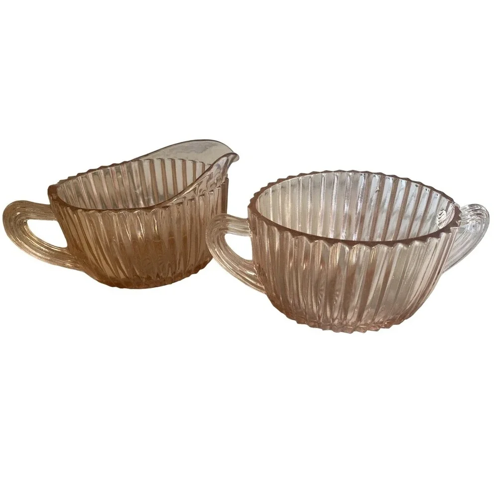 Pink Depression Pressed Glass Sugar Bowl Creamer Art Deco